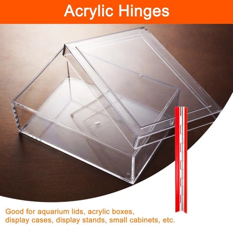 Premium Top Shelf Heavy Duty Invisible Acrylic Hinges With Rust Proof Stainless Steel Shaft Self Adhesive Continuous Piano Hinge Three Pack for DIY kitchen cabinets, showcasing clear acrylic hinges for display cases.