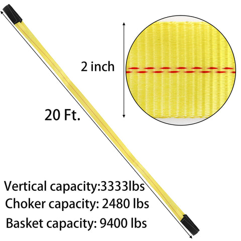 Heavy Duty Nylon Lift Straps 2 Pack, 20 Ft Long By 2 In Wide End Loop Web Slings For Vehicle, detailed capacities and dimensions.