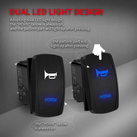 12V Horn Button Momentary Rocker Switch With Blue LED Lights Waterproof Toggle displaying dual LED design for vehicles