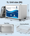 Clean As A Whistle And Built Different For Gritty Grime 40 Khz Ultrasonic Cleaner dimensions with tank and cleaning basket graphic.