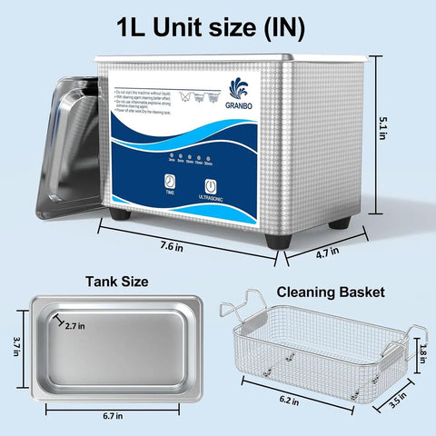Clean As A Whistle And Built Different For Gritty Grime 40 Khz Ultrasonic Cleaner dimensions with tank and cleaning basket graphic.