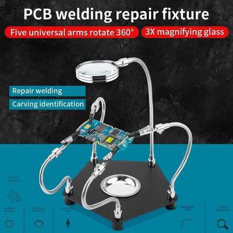 Helping Hands Soldering Station With 3X Magnifier Third Hand PCB Holder featuring four flexible arms and a circuit board.