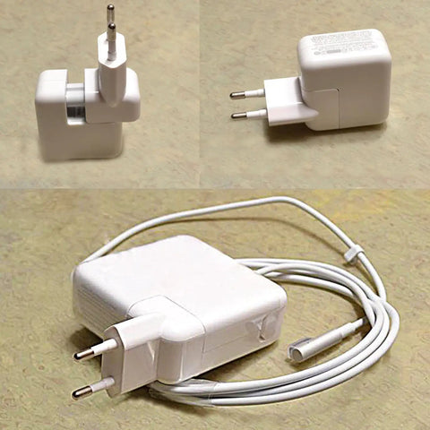 EU Plug Converter Travel Charger Adapter For Apple iBook And MacBook Pro, two round pins, white, pack of 2, shown connected.