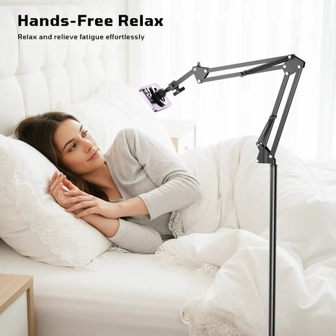 Floor Magnetic Phone Holder For Bedside Use, adjustable bed mount showcased next to a woman relaxing in bed.