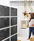 Large Capacity Medication Lock Box With Code Lock For Fridge Or Cabinet Safe Storage shown stacked with kid playing nearby.
