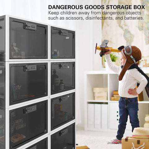 Large Capacity Medication Lock Box With Code Lock For Fridge Or Cabinet Safe Storage shown stacked with kid playing nearby.