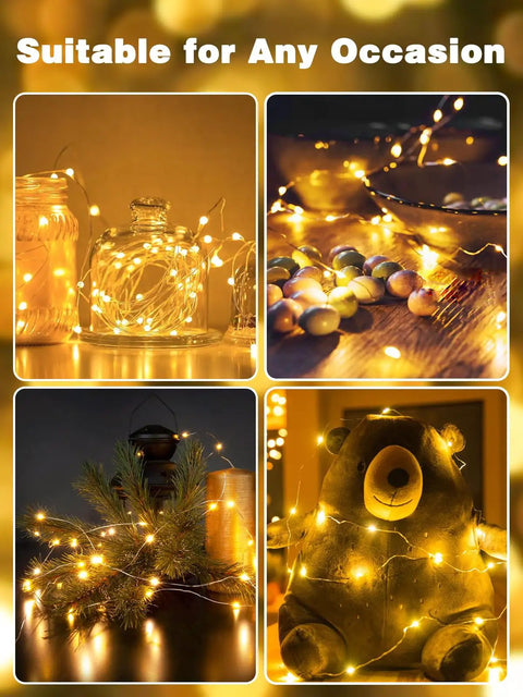 78Ft 240 LED Fairy Lights Battery Operated With Timer And Remote, decorating jars, table, bear, and plant