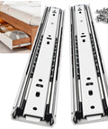 Heavy Duty Full Extension Drawer Slides 14 Inch 150 Lb Capacity Side Mount Cabinet Runners shown with steel tracks and a drawer.