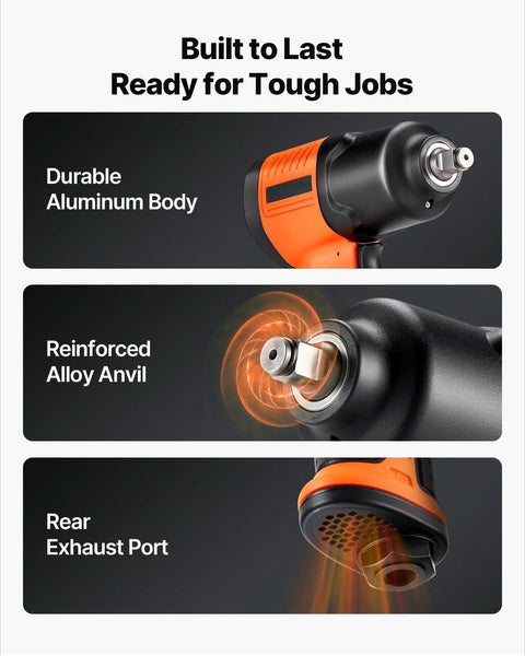Heavy Duty 1/2 Inch Drive Pneumatic Impact Wrench Delivers Badass 1100 Foot Pounds Reverse Torque And Smooth 7500 Rpm Free Speed With Four Quick Adjustments And A Lightweight Aluminum Frame Crafted For No Sweat Under The Hood Auto Repair showing durable aluminum body, reinforced alloy anvil, and rear exhaust port.