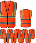 Hella Visible Construction Safety Vest With Reflective Tape Pack Of Ten Bright Orange Heavy Duty Work Gear Easy Zip Closure Breathable Polyester XL Crew Go To Piece, featured in front and back views.