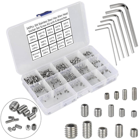 Massive 340 Piece Metric Hex Socket Head Cup Point Set Screw Kit M2.5 Through M8 With Allen Head Grub Screws Internal Hex Drive Headless Set Screws 304 Stainless Steel Includes 6 Hex Wrenches in organizer box