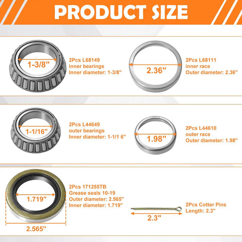 Size and components of Two Pack Trailer Wheel Hub Bearings Kit for 3500 lb axles, showing bearings, races, seals, and pins.