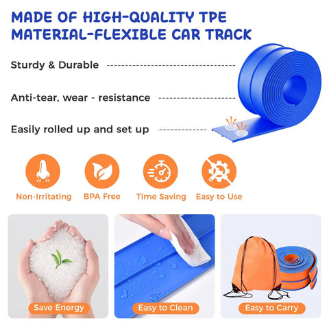 Diagram showing features of Totally 15 Ft Flexible Race Track Set For Kids 3 Plus, made of durable TPE, blue, with easy roll-up and setup.