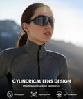 Woman wearing Ultra Lightweight Polarized Sports Shades For Men And Women 24g TAC HD UV400 Protection Adjustable Nose Pads Perfect For Cycling Running Fishing Golf Beach Driving And More with a cylindrical lens design
