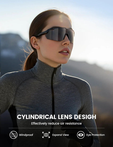 Woman wearing Ultra Lightweight Polarized Sports Shades For Men And Women 24g TAC HD UV400 Protection Adjustable Nose Pads Perfect For Cycling Running Fishing Golf Beach Driving And More with a cylindrical lens design