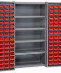 Industrial Grade Heavy Duty Storage Cabinet Featuring 96 Bright Red Plastic Sort Bins And Five Adjustable Shelves, open view.