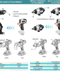 Jig saw, impact wrench, and screwdriver attachments for Top Shelf Brushless Cordless Power Tool Combo Kit, showcasing locking mechanisms.