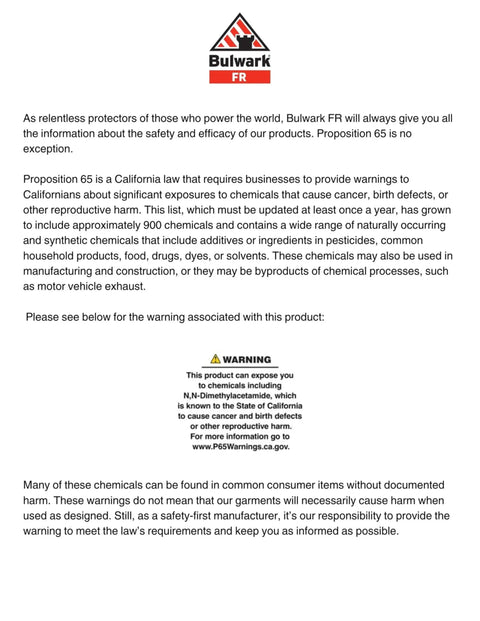 Bulwark FR Proposition 65 warning about chemicals in Heavy Duty Nomex IIIA Flame Resistant Work Shirt.
