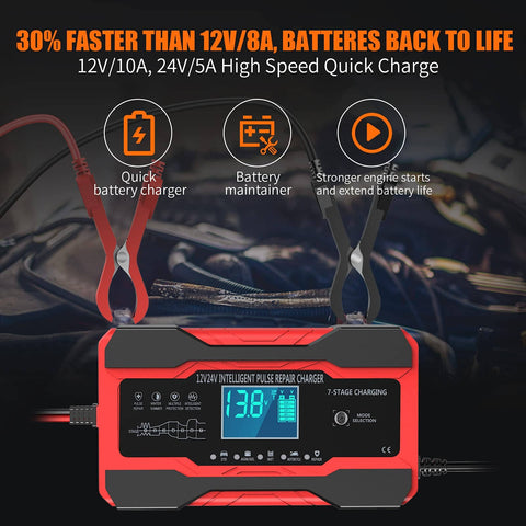 All In One 10 Amp 12V 24V Smart Battery Charger Maintainer Trickle Charger And Desulfator in use with engine