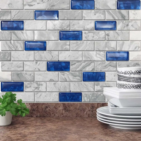 Blue Crystal Glass and Gray Stone Mosaic 1x2 Subway Tile Sheet, 12x12 Inches, polished marble look backsplash in kitchen