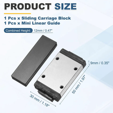 MGW9H Linear Bearing Sliding Carriage Block With Mini Guide, dimensions labeled, for 18mm Linear Motion Slide Rail Guide