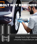Mechanic using Six Piece Lug Nut Remover Socket Set For Damaged Rusted Bolts And Screws Half Inch Drive Impact Nut Extractors