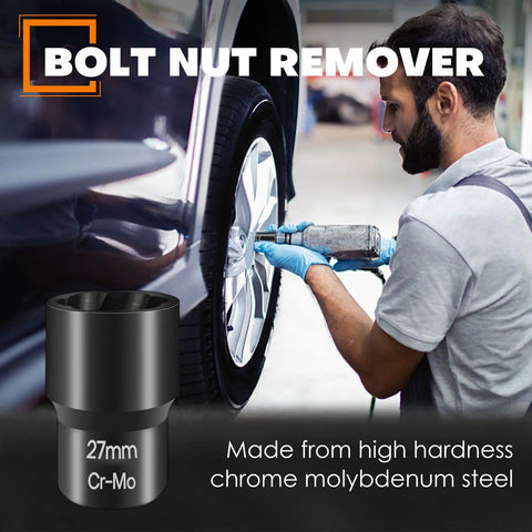 Mechanic using Six Piece Lug Nut Remover Socket Set For Damaged Rusted Bolts And Screws Half Inch Drive Impact Nut Extractors