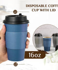 16 Oz Disposable Paper Coffee Cups With Lids, Sleeves, And Stir Sticks, Blue And Gray, 100 Pack, shown with dimensions