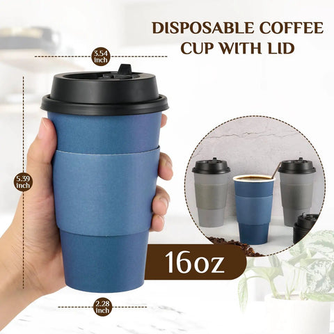 16 Oz Disposable Paper Coffee Cups With Lids, Sleeves, And Stir Sticks, Blue And Gray, 100 Pack, shown with dimensions