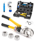 Pro Grade Beefy Hydraulic Copper Tube Fittings Press Tool Kit For One Half, Three Quarters And One Inch PEX Pipe With 360 Degree Rotating Head Automatic Locking Crimp Interchangeable Jaws Stainless Sleeves And Pipe Cutter displayed with case and accessories.