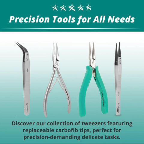 Assorted precision tweezers with replaceable carbofib tips for delicate tasks, displayed against a teal background.