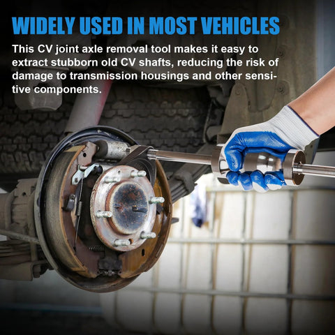 Side view of Clatoon inner CV axle puller tool with 5/8-18 slide hammer used on a front-wheel-drive hub.