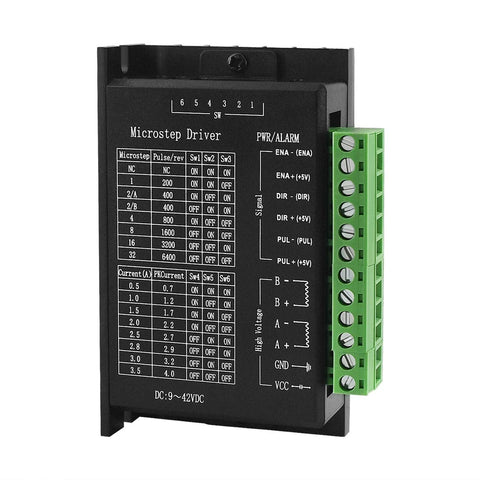 TB6600 microstep driver module, black casing with green screw-terminal block (front view)