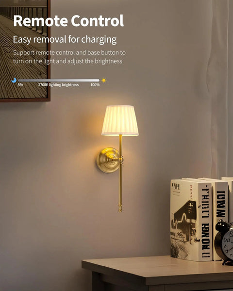 Legit Dope Gold Cordless Wall Sconces Set Of Two With Soft Beige Fabric and warm LED lighting featuring remote control for brightness.