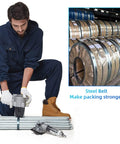 Heavy Duty Pneumatic Steel Strapping Tool And Metal Banding Machine Air Powered Tensioner Cutter Sealer in use with steel belt.