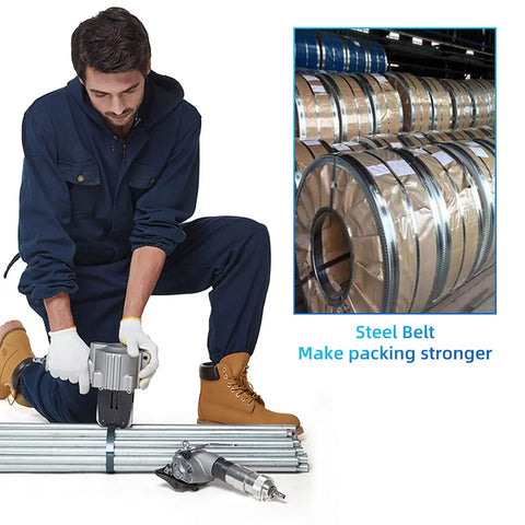 Heavy Duty Pneumatic Steel Strapping Tool And Metal Banding Machine Air Powered Tensioner Cutter Sealer in use with steel belt.