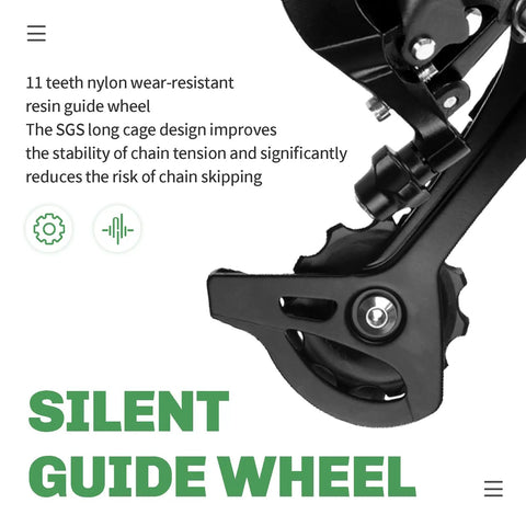 9 Speed Rear Derailleur Direct Mount For Mountain And Road Bikes With Mega 9 Drive Train, Smooth Shifting, close-up view of pulley system