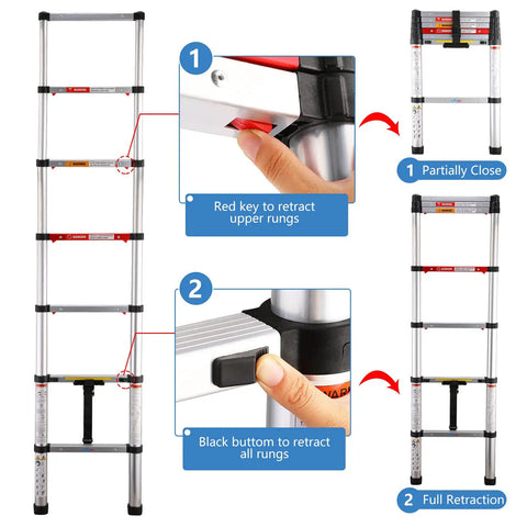 Stainless Steel Telescoping Ladder With One Button Retraction Anti Pinch And Anti Slip Slow Down Design Portable Six Point Five Feet Extension Ladder Heavy Duty 330 Lbs Capacity Lightweight Yet Sturdy For Easy Climbing
