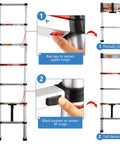 Six And A Half Foot Aluminum Telescoping Ladder For Home DIYers With One Button Retract Soft Close Design steps illustrated