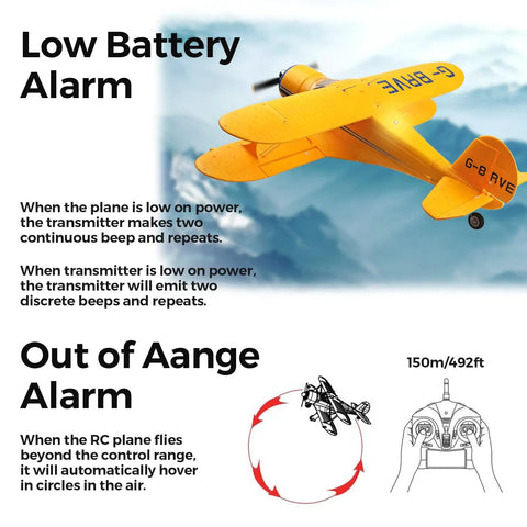 A300 4 Channel RC Plane With Beechcraft D 17 Style Lights 6G and 3D Brushless Power, yellow plane with alarm description