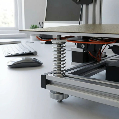 Close-up of Two Pack 0.8mm Wire Compression Springs, 10mm Outer Diameter, 300mm Long, Steel Pen Springs holding a 3D printer bed.