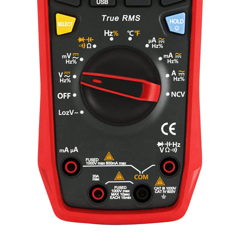 Close-up of Digital Multimeter Kit for DIYers and pros with True RMS readings, showing dial and measurement symbols