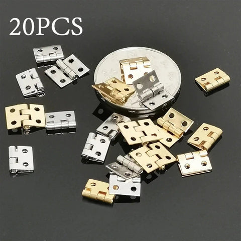20 Pack Mini Cabinet Door Hinges For Dollhouses And Small Wooden Boxes, assorted silver and gold hardware set on black background.