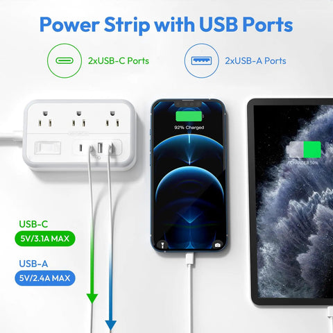 15 Ft Extension Cord With Flat Plug 6 Outlet Power Strip With 4 USB Ports 2 USB C Indoor Use For Home Office Dorms Long Cord Reaches Distant Outlets 45 Degree Plug Keeps Bottom Receptacles Free, USB ports