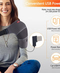 Woman using Shoulder Heating Pad Massager With Vibration Massage USB Powered Shoulder Wrap connected via USB for pain relief.