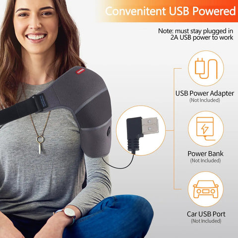 Woman using Shoulder Heating Pad Massager With Vibration Massage USB Powered Shoulder Wrap connected via USB for pain relief.