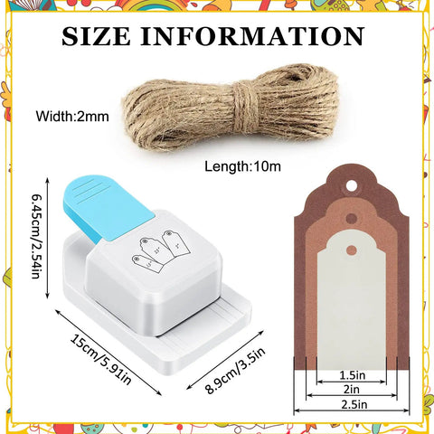 3 In 1 Craft Tag Punch Kit With Rope for Paper Crafting and Scrapbooking showing punch, rope, and tag sizes