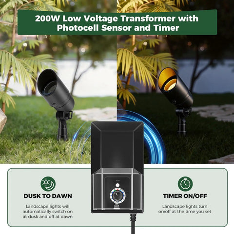 200W transformer with 5W spotlights from All-In-One Low Voltage Landscape Lighting Kit With Sweet 5W Spotlights, 200W Transformer, 150Ft Wire, 12 Fastlock Connectors, 2700K Waterproof Aluminum Fixtures For House, Tree, Yard And Garden Exterior