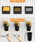 Pegboard Organizer Kit With 30 Pieces Including Bins, Baskets, Cups, Paper Towel Holder, Wire Tray And 18 Straight Hooks For 1/8 And 1/4 Inch Pegboards Garage, Workshop, Craft Room Storage Upgrade shown with pegboard bins and cups holding supplies.