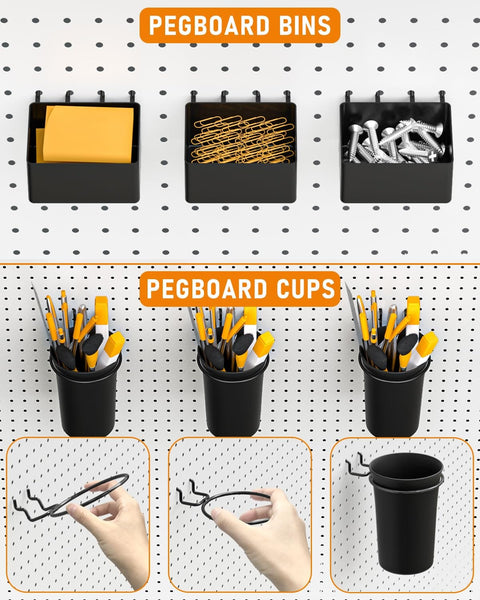 Pegboard Organizer Kit With 30 Pieces Including Bins, Baskets, Cups, Paper Towel Holder, Wire Tray And 18 Straight Hooks For 1/8 And 1/4 Inch Pegboards Garage, Workshop, Craft Room Storage Upgrade shown with pegboard bins and cups holding supplies.